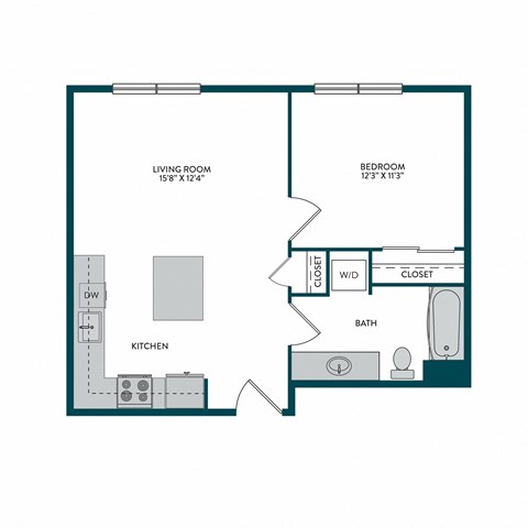 Floor plan for 1 bed, 1 bath, 571 sqft